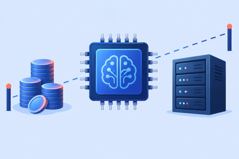 Illustration: ein KI-Chip zwischen zwei Handelsströmen, umgeben von Münzen und einem Serverschrank, als Sinnbild für Finanzierung und Exportkontrollen bei DeepSeek