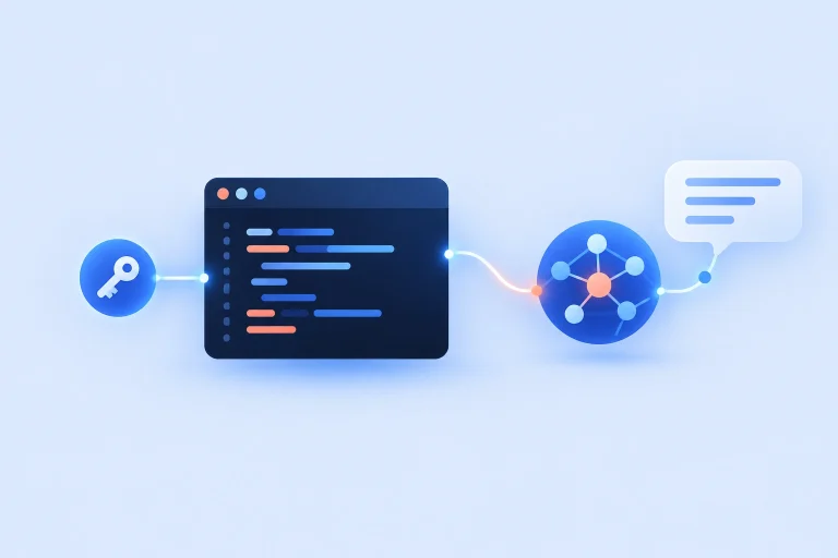 Illustration: Terminalfenster mit Programmcode, das über eine Verbindungslinie eine Antwort von einem KI-Modell erhält